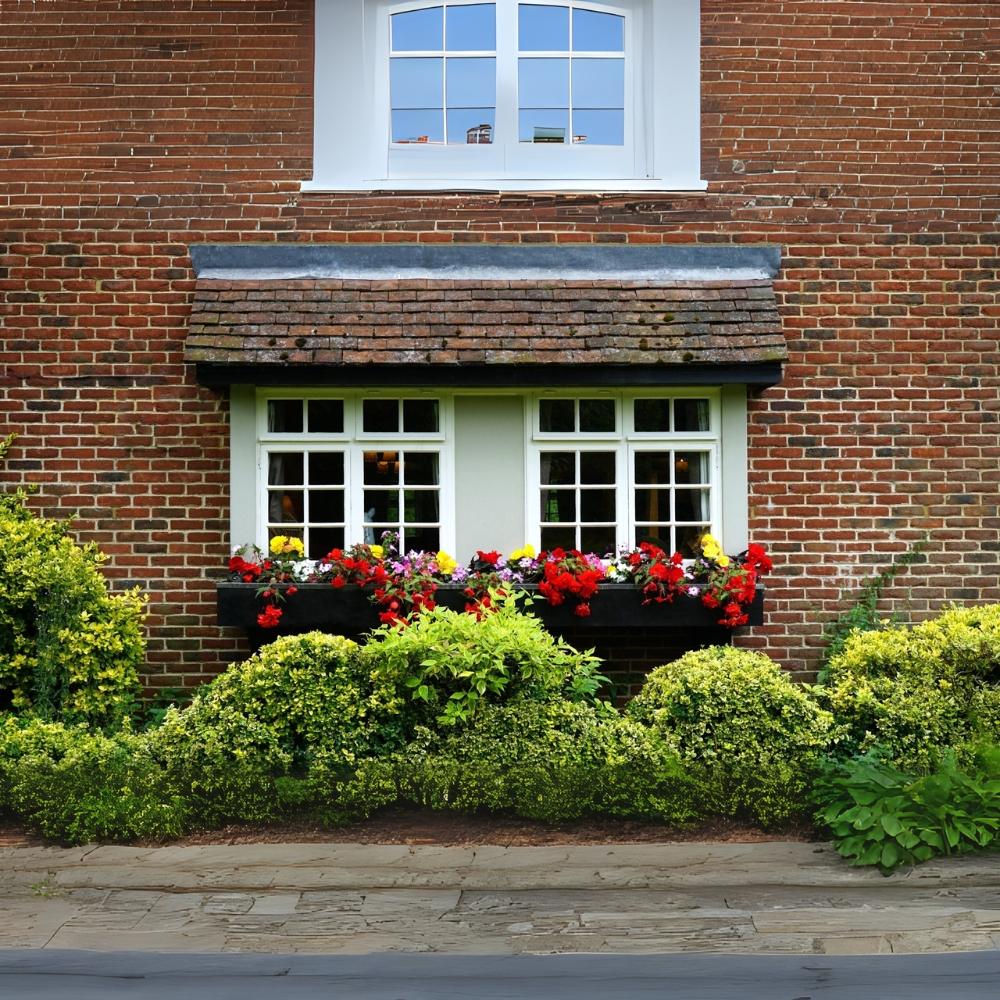 Cream flush casement window in a brick cottage with flowers beneath